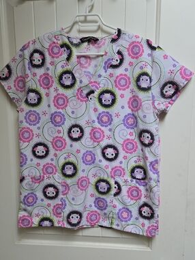 Cassandra O Cute Owl & Floral Print Scrub Nurse Top - Pink Purple Women Small